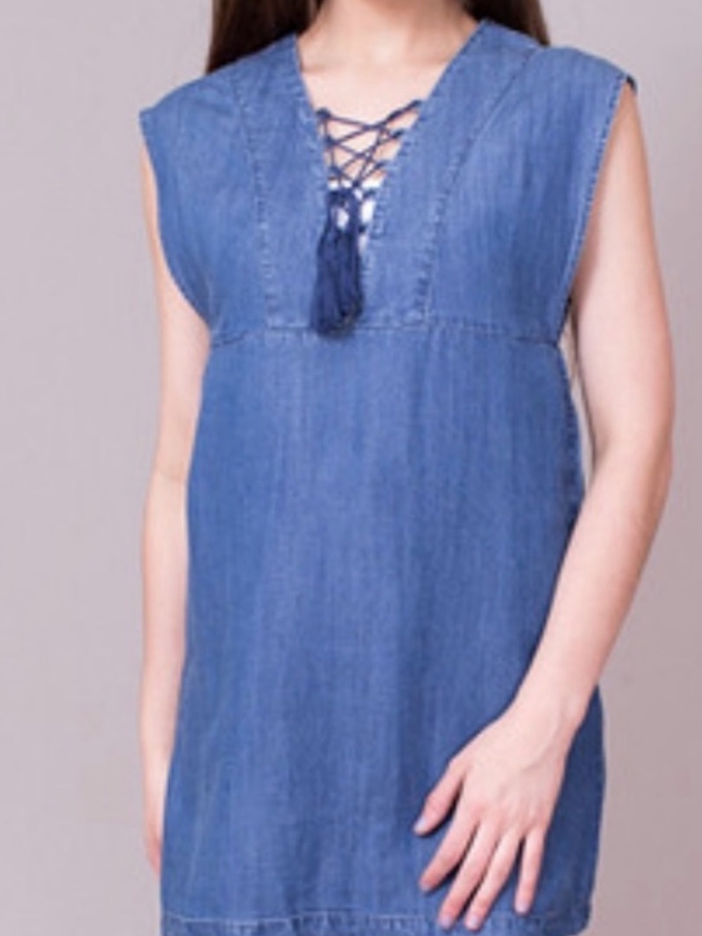 knot sisters Light Blue Sleeveless Chambray Lace-Up Mini Dress